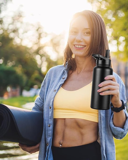 DOMICARE 32 oz Insulated Water Bottle, Vacuum Insulated Stainless Steel Sports Water Bottle with Straw Lid & Spout Lid, Leakproof, Reusable - Travel, Camping, Bike, Black