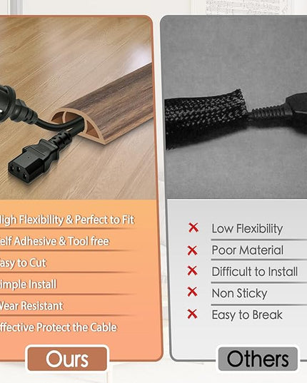 Floor Cord Cover for Wires on Floor Self Adhesive Cord Hider Floor Cable Management Wire Covers for Cords Protector Prevent Cable Trips Cord Cavity W 0.51" x H 0.31", Misty Brown Wood, 3.3Ft
