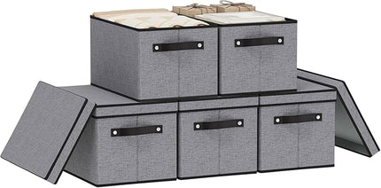 Storage Boxes with Lids, 15 x 9.8 x 8.3 Inch Storage Bins for Wardrobe Bedroom Laundry, Fabric Closet Organizers with Handles,Gray, 5-Pack