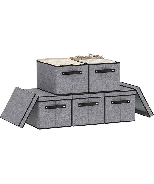 Storage Boxes with Lids, 15 x 9.8 x 8.3 Inch Storage Bins for Wardrobe Bedroom Laundry, Fabric Closet Organizers with Handles,Gray, 5-Pack