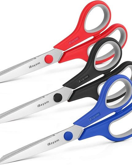Scissors, iBayam 8" All Purpose Scissors Bulk 3-Pack, Ultra Sharp 2.5mm Thick Blade Shears Comfort-Grip for Office Desk Accessories Sewing Fabric Home Craft School Supplies, Right/Left Handed