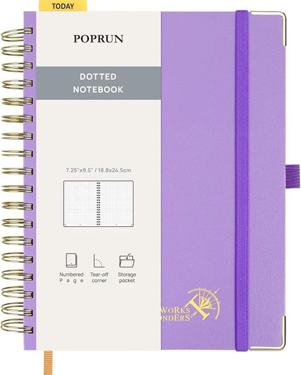 POPRUN Spiral Dotted Journal Notebook, 7-1/4" x 9-1/2" - 120 GSM Thick Paper, 220 Numbered Pages, Hardcover for Men & Women with Pocket, Index Tabs, 8 Perforated Sheets, Violet