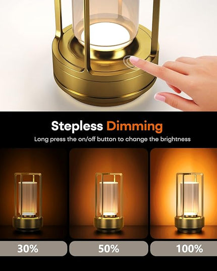 Portable Metal Table Lamp for Indoor/Outdoor ,Rechargeable Cordless LED Lamp, 3-Colour Infinitely Dimming Battery Powered Small Desk Lamp, Restaurant/Bedroom/Bar/Coffee/Camping Light (Gold Set of 2)