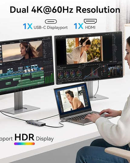 USB C Video Output Hub, 3 USB-C & 2 USB-A 3.2 10Gbps Ports, 4K@60Hz HDMI, 100W PD, SD/TF, USBC Splitter Dual Monitor Adapter for MacBook Pro/Air, iMac, iPad Pro, XPS, Surface, Galaxy S22,Samsung DEX