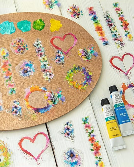 Dwpetzo 120Pcs Watercolor Decorative Stickers for Journaling, 6 Pack Flower Lace Frame Transparent PET Stickers for Scrapbooking, Junk Journal Supplies, Collage, Card Making, Crafts Arts