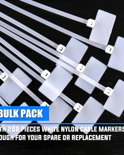Glarks 200-Pieces 6 Inch Nylon Cable Marker Ties Self-locking Cord Tags Write on Ethernet Label Wire Straps with 3 Marker Pens and 288Pcs White Self-Adhesive Cable Labels for Home and Office Use