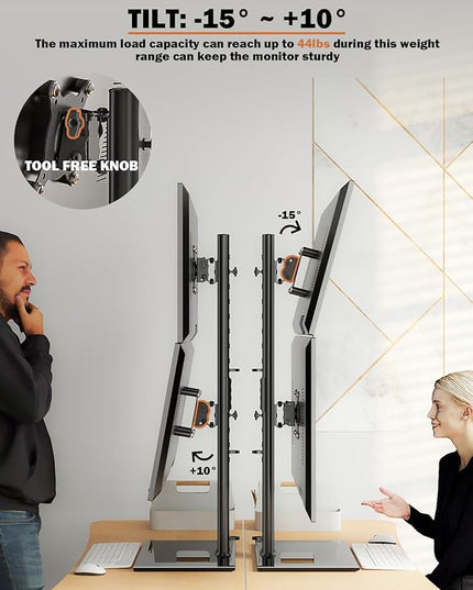 Dual Monitor Stand - Vertical Stack Screen Free-Standing Monitor Riser Fits Two 13 to 34 Inch Screen with Swivel, Tilt, Height Adjustable, Holds One (1) Screen Up to 44Lbs