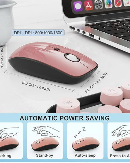 FOPETT Wireless Keyboard and Mouse Combo - 2.4G Full-Sized Cute Colorful Mouse and Keyboard with 104 Round Keys Retro Typewriter Keyboard for Laptop/Windows/PC - Pink Gradient
