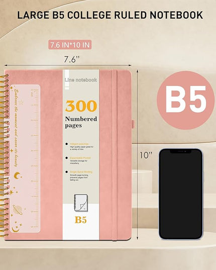 B5 Spiral Notebook Journal 7.6” x 10”, 300 Numbered Pages Hardcover Leather Journals for Women Men, Large Lined College Ruled Notebooks, 100GSM Thick Paper, Spiral Bound Journal for Work School, Pink