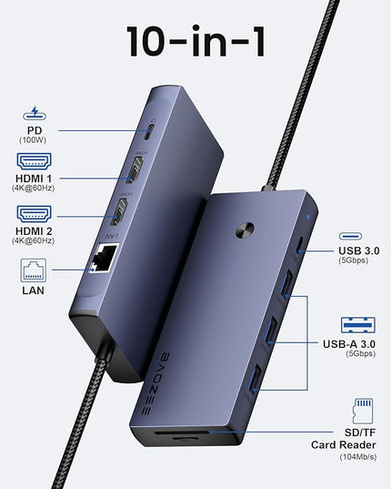 Laptop Docking Station Dual Monitor, 10-in-1 USB-C Hub with Dual HDMI 4K, Ethernet, PD 100W Charging, USB 3.0 USB-A and USB-C with 5Gbps Data Transfer, SD/TF Card Reader, for MacBook, and More