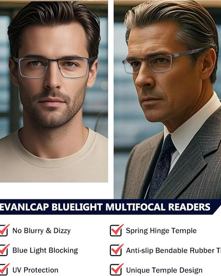 EVANLCAP 2 Pack Progressive Multifocus Reading Glasse for Men,Blue Light Blocking Computer Readers Multifocal Eyeglasses