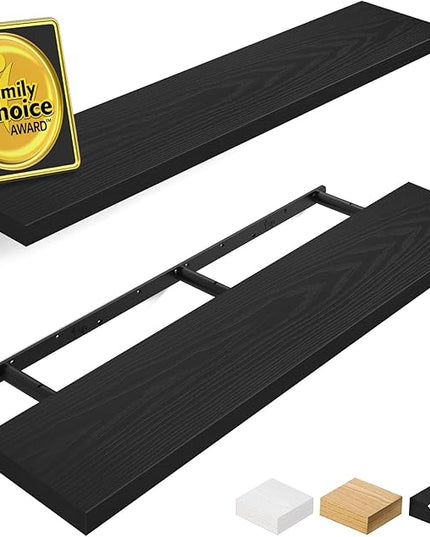 BAYKA Floating Shelves, 48 inches Long Heavy Duty Wall Mounted Rustic Wood Shelves for Bathroom, Bedroom, Living Room, Kitchen, Office, Hanging Shelf for Books/Storage/Decor(Black,Set of 2)