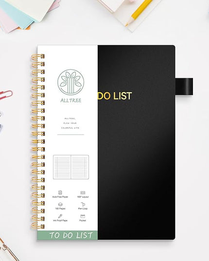 To Do List Notebook for Work, Daily To Do List Planner, ALLTREE To Do List Notebook Spiral Planner, Work Planner with Pocket, Pen Loop, 160 Pages, Black (7"x10")