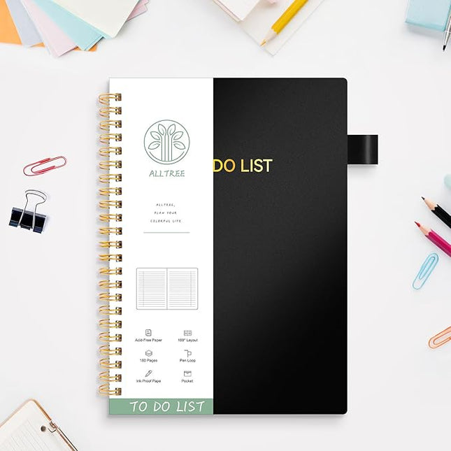 To Do List Notebook for Work, Daily To Do List Planner, ALLTREE To Do List Notebook Spiral Planner, Work Planner with Pocket, Pen Loop, 160 Pages, Black (7"x10")