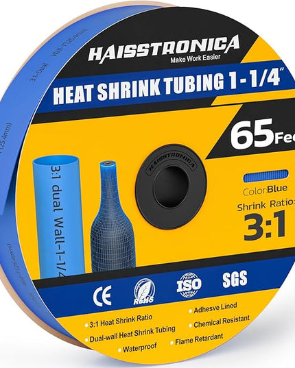 haisstronica 3:1 Heat Shrink Tubing, Shrink Ratio Adhesive Lined Marine Grade Heat Shrink Tube for Home, Automotive and Industrial (Blue) 65FT 1-1/4inch