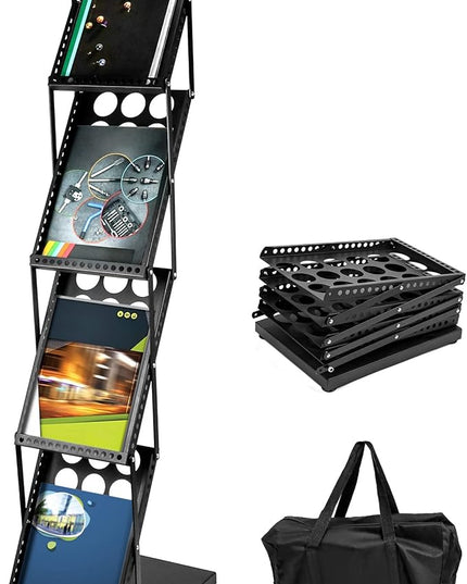 QWORK Magazine Brochure Display Rack Stand, 4 Pocket Foldable Literature Catalog Rack Book Holder Tradeshow Display Stand, for Office Store and Exhibition Trade Show (Black)