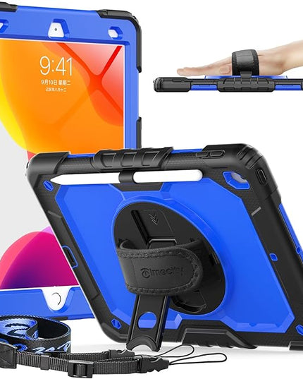 Timecity Case for iPad 9th/ 8th/ 7th Generation 10.2 inch - Heavy Duty Protective Cover with Screen Protector, Rotating Stand, Shoulder Strap & Pencil Holder | Kids-Friendly (Dark Blue)