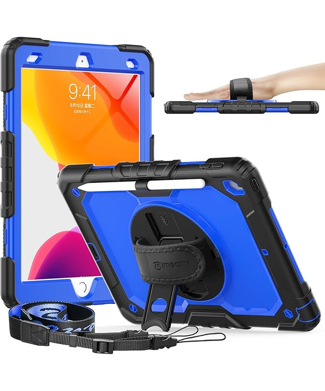 Timecity Case for iPad 9th/ 8th/ 7th Generation 10.2 inch - Heavy Duty Protective Cover with Screen Protector, Rotating Stand, Shoulder Strap & Pencil Holder | Kids-Friendly (Dark Blue)
