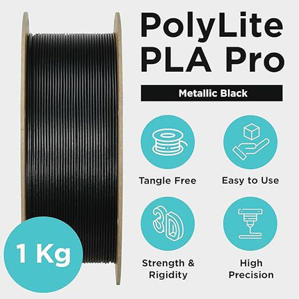 Polymaker PLA PRO Filament 1.75mm 1kg, Tough & High Rigidity Metallic Black 3D Printing Filament, PolyLite PLA PRO 3D Printer Filament 1.75mm, Print with Most 3D Printers