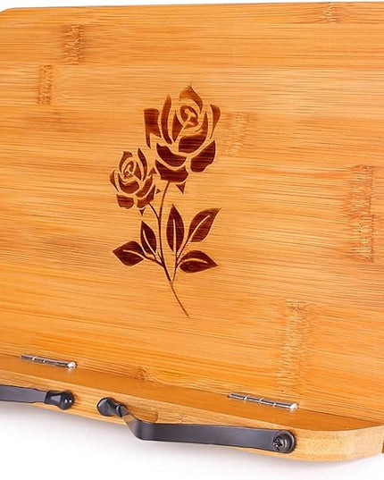MEGREZ Bamboo Book Stand 13.2 x 9.4 Inch, Foldable Cookbook Holder With 6 Adjustable Heights, Reading Holder for Recipe, Music, Textbook, Tablet Stand, Rose