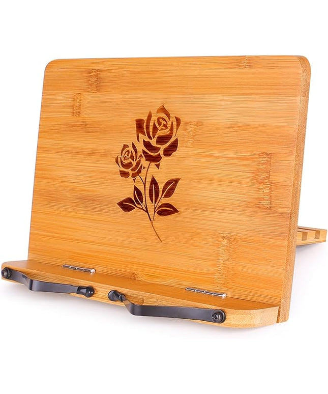 MEGREZ Bamboo Book Stand 11 x 8.0 inch, Foldable Cookbook Holder with 6 Adjustable Height, Reading Book Holder for Recipe, Music Book, Textbook, Tablet Stand, Rose
