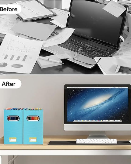 BALEINE File Organizer Box, Cardboard File Folder Organizer with Handle for Letter Size, Portable Collapsible Hanging Filing Box for Home Office Document Storage (4 Pack, Blue)