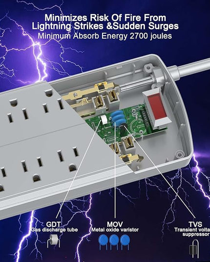 Surge Protector Power Strip - Nuetsa Flat Plug Extension Cord with 8 Outlets and 4 USB Ports, 10 Feet Power Cord (1625W/13A), 2700 Joules, ETL Listed, Grey