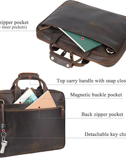 Leather Slim Briefcase for Men 15.6" Laptop Crossbody Messenger Bag Business Work Lawyer Attache Case