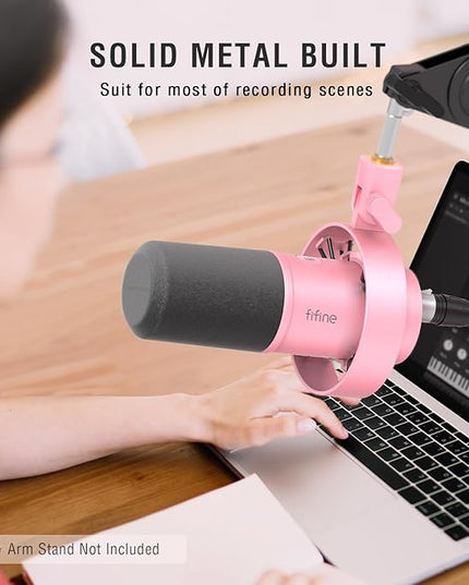 FIFINE XLR/USB Dynamic Microphone, Studio XLR Vocal Podcast Microphone for Recording, USB Streaming Mic with Mute Button, Gain Knob, Headphones Monitoring for Voice-Over, Video-Amplitank K688 Pink