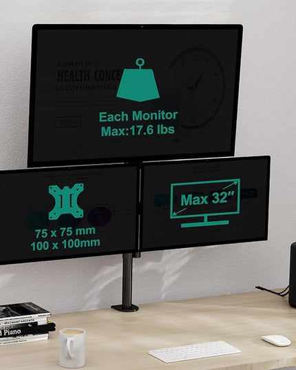 Triple Monitor Stand, Desk Mount for Three Screens up to 32 Inch, Stacked Monitor Arm for 3 Monitors Max 17.6lbs per Arm, Height Adjustable, Tilt, Swivel VESA Mount 75/100x100mm