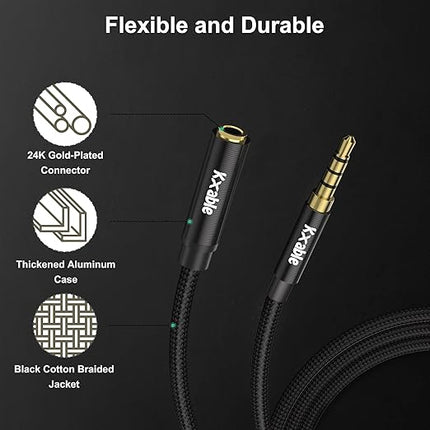 2 Pack 3.5mm Headphone Extension Cable 10FT, 4 Pole TRRS 1/8 inch Male to Female Stereo Audio Cord, Nylon Braided, Microphone Compatible, for Headphone, iPad, Smartphone, Media Players, Tablet- Slim