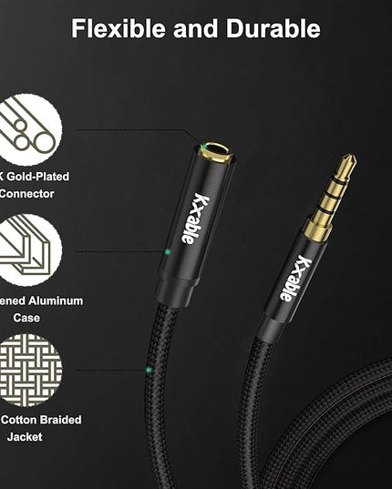 Kxable 3.5mm Headphone Extension Cable 25FT, 4 Pole TRRS 1/8 inch Male to Female Stereo Audio Cord, Nylon Braided, Microphone Compatible, for Headphone, iPad, Smartphone, Media Players, Tablet- Slim
