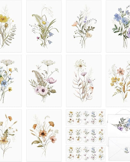 Thboxes Blank Cards and Envelopes, 40 Pack Blank Note Cards 4x6 in Elegant Floral Greeting Card with Sealing Stickers, Note Card and Envelopes Stationary Set for All Occasions (10 Floral Designs)