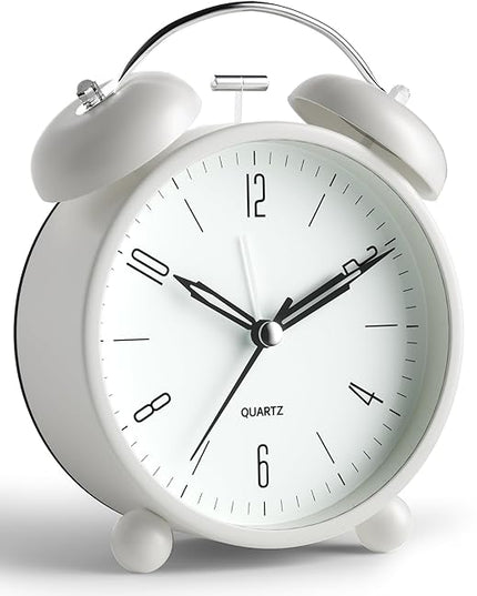 Twin Bell Loud Alarm Analog Alarm Clock, 4 inch Super Silent Non Ticking Small Clock with Night Light, Battery Operated, Simple Design, Old Fashioned, for Heavy Sleeper, Bedroom, Bedside, Desk, White