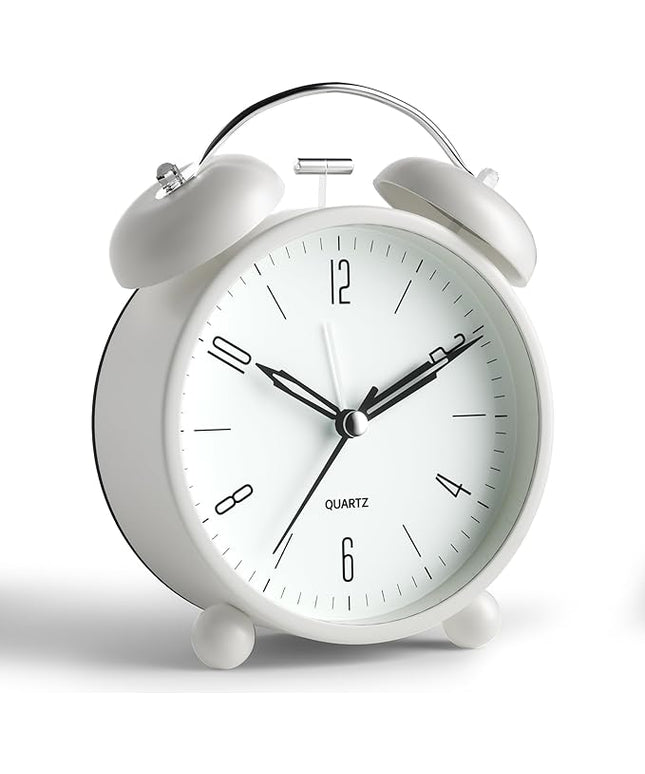 Twin Bell Loud Alarm Analog Alarm Clock, 4 inch Super Silent Non Ticking Small Clock with Night Light, Battery Operated, Simple Design, Old Fashioned, for Heavy Sleeper, Bedroom, Bedside, Desk, White