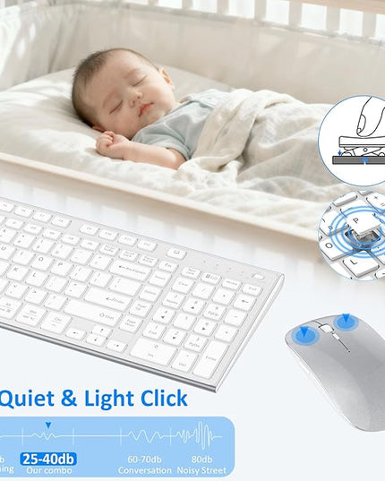 Wireless Keyboard and Mouse, GALENMORO Silent Quiet Combo Low Profile USB C Full Size Compact with Number Pad Flat Soft Touch Cordless for Mac Computer PC Laptop Macbook iMac Office - White and Silver