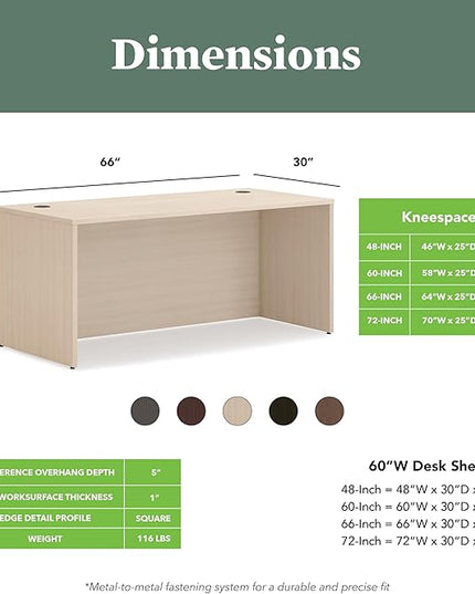 HON MOD Executive Desk 66-Inch Large Computer Desk Shell, Thick Wooden Laminate, Modern Table with Cord Management, 66" W x 30" D x 29" H, Desert Oak
