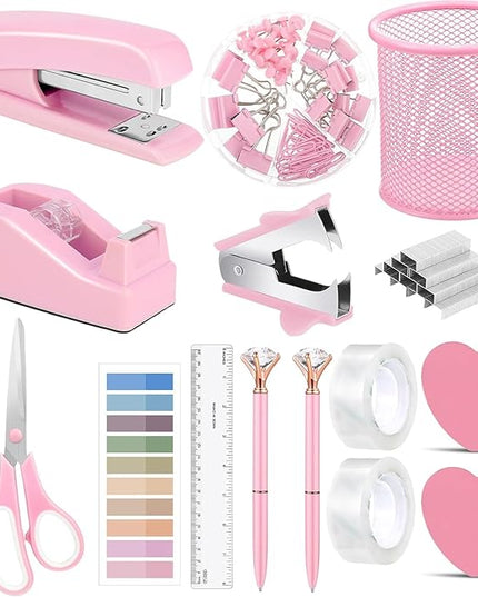 Office Supplies,Desk Accessories, Stapler and Tape Dispenser Set for Women with Stapler, Tape Dispenser, Staple Remover, Staples, Clips, Scissor and Tabs,Gift for Students, Coworkers