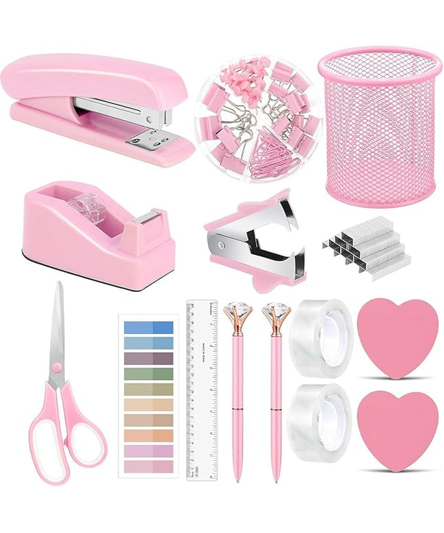Office Supplies,Desk Accessories, Stapler and Tape Dispenser Set for Women with Stapler, Tape Dispenser, Staple Remover, Staples, Clips, Scissor and Tabs,Gift for Students, Coworkers