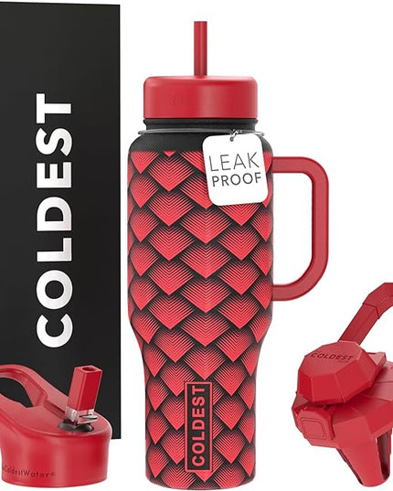 Coldest Tumbler with Handle and Straw - 100% Spill Proof Tumbler with Straw (3 Lids) - Stainless Steel Insulated Leakproof Tumblers for Women & Men - 36 oz (Red Dragon)