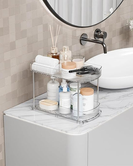2 Pack Large Pull Out Bathroom Organizers and Storage,2 Tier 12.8″ Tall Sliding Kitchen Under Sink Organizer for Cleaning Products Storage,Acrylic Clear Bathroom inder Sink Organizer,Undersink Storage