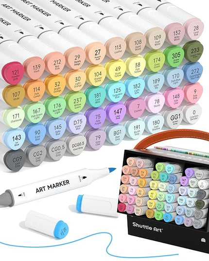 Shuttle Art Pastel Alcohol Markers Brush tip, Dual Tip Brush & Fine Tip Art Marker Set, 50 Colors plus 1 Blender Marker Pens with Case Perfect for Illustration Kids Students Adults Coloring Sketching
