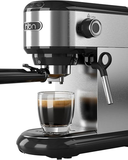 HBN 20 Bar Espresso Machine with Milk Frother, Compact Espresso Maker for Ground Coffee, Stainless Steel Coffee Machine with Steam Wand & 34oz Removable Water Tank, 1450W for Home & Office