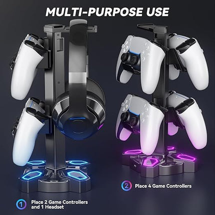 KDD Gaming Headphones Stand, Rotatable Headset Stand with Light Modes - Controller Holder with 2 USB Charging Ports and 3.5mm - Earphone Hanger Accessories for Desktop Gamer(Black)