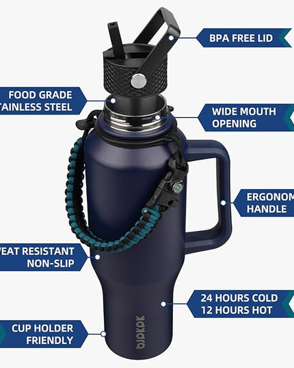 BJPKPK Insulated Water Bottles with Straw Lid, 40oz Metal Water Bottle with 2 lids & Paracord Strap, Double Wall Stainless Steel Tumbler with Handle, Reusable Cups, Mugs, Thermo, Navy Blue