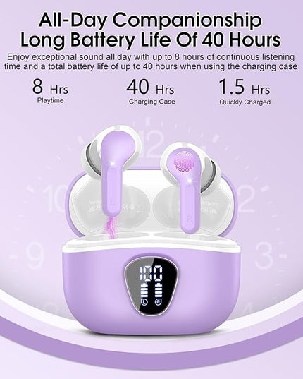 Wireless Earbuds, Bluetooth 5.4 Headphones HiFi Stereo, Bluetooth Earbuds with ENC Noise Cancelling Mic, IP7 Waterproof in Ear Earphones, 48H, LED Display Ear buds for Pad Workout Sports, Purple
