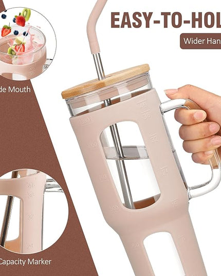 Glass Tumbler with Lid and Straw, 46 oz Iced Coffee Cup with Handle, Large Water Bottles with Silicone Sleeve, Glass Cup with Straws - Pearl Straw & Drinking Straw BPA Free-Amber