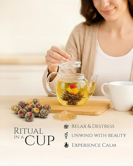 Tea Bunch Blooming Flower Tea Set – 12 Hand-Tied Organic Green Tea Balls with 12 Packs of Rock Sugar, Gift-Ready Packaging, Calming Floral Tea for Wellness & Relaxation (Glass Teapot Not Included)