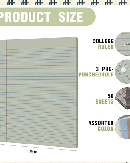 PerKoop 600 Sheets Colored Loose Leaf Paper 8.5" x 11" college ruled Lined 3 Hole Punched notebook Filler Paper for 3 Ring Binders Office School Supplies (Muted Colors)