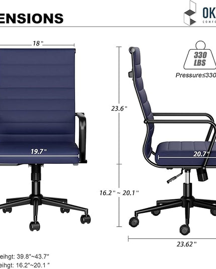 Okeysen Blue Leather Office Desk Chair, Conference Room Chairs Executive Chair Ribbed, Ergonomic Height Adjustable Swivel Rolling Chair for Home Office.